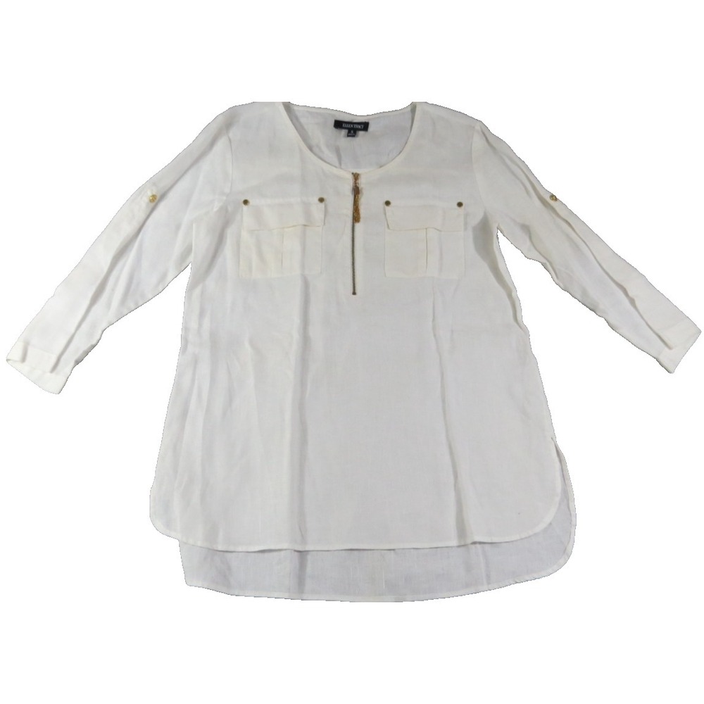 Ellen Tracy Utility Tunic Top Women S Ivory‎ Linen Roll Tab 3/4 Sleeve Zip Front